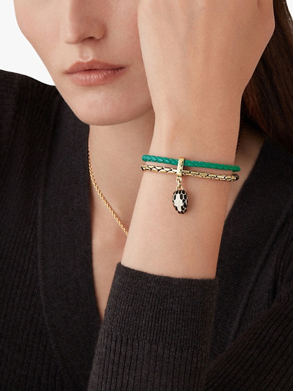 Bulgari Green Braided Leather Wrap Bracelet with Gold Snakehead Enamel Charm